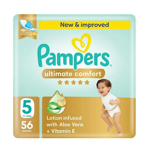 Pampers Ultimate Comfort Taped Diapers, Size 5, 11 to 16 kg, Lotion infused with Aloe Vera and Vitamin E, x1000 Leak Locks Technology for Leakage Protection, Giant Pack, 56 Count