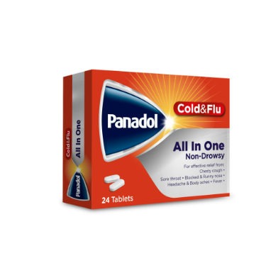 Panadol Cold & Flu All In One- For cold & Flu symptoms with chesty cough, 24 tablets