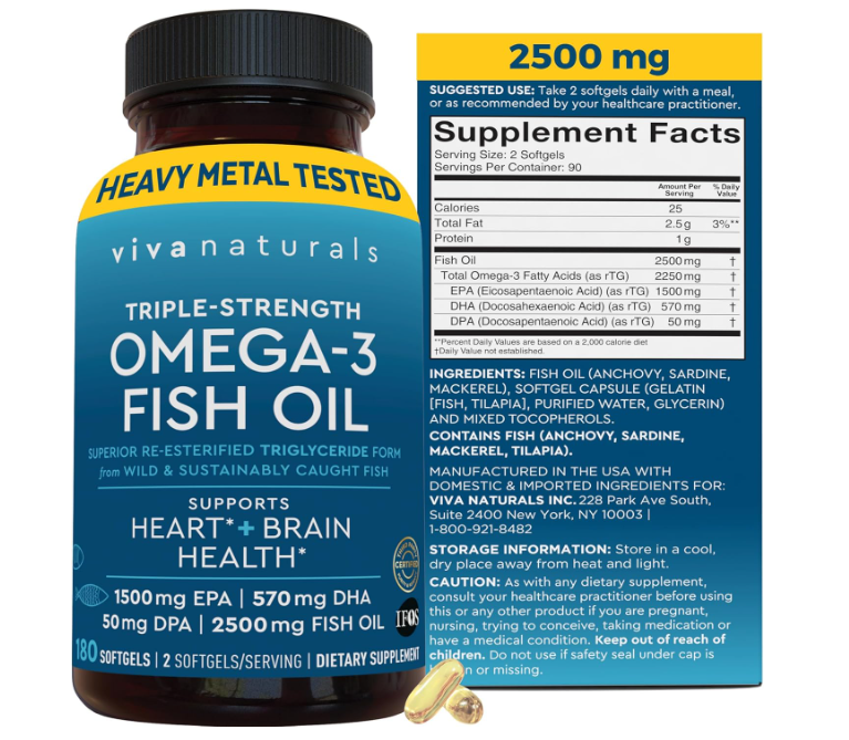 Omega 3 Fish Oil Supplement for Women and Men - 2500 mg Triple Strength Fish Oil Pills with Re-Esterified Omega 3 Fatty Acids including EPA, DHA DPA - 180 Pescatarian-Friendly