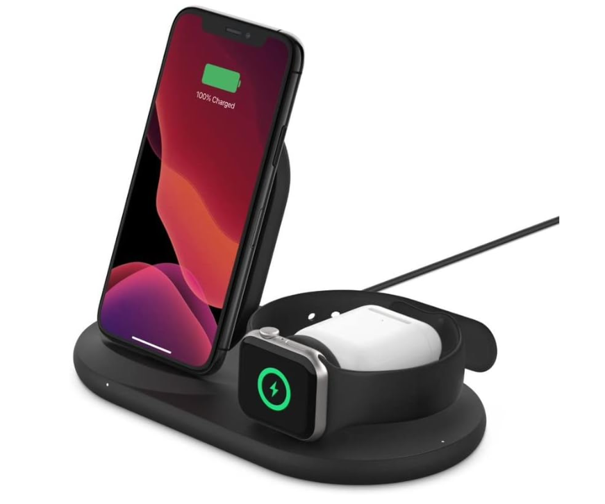 Belkin 3 in 1 Wireless Charging Station, 7.5W Wireless Charger for iPhone, Apple Watch and AirPods, Wireless Charging Dock, iPhone Charging Dock, iPhone 16, 15, 14, Apple Watch series 10, 9, 8 - Black