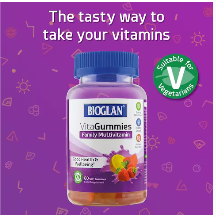 Bioglan Vitagummies, Family Multivitamin Supplement, Vegetarian Friendly, 3 Delicious Flavours, 60 Chewy Gummies
