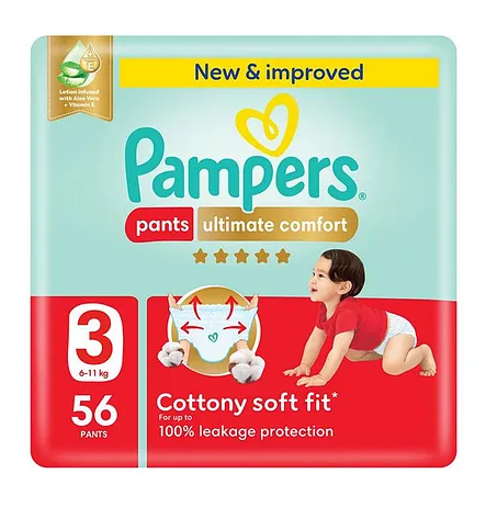 Pampers Ultimate Comfort Pant Style Diapers, 56 Pieces, Size 3, 6-11kg - Helps Prevents Rashes, 100 Percent Leak Protection, Soft and Stretchy Sides