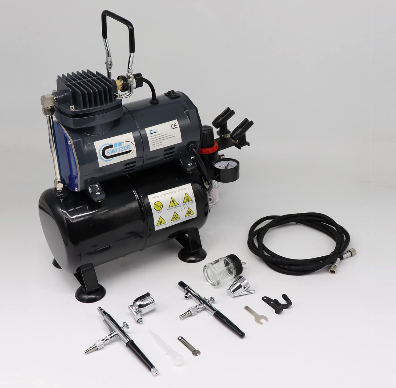 SwitZer Airbrush Kit AS186 AS 186 with Compressor with Tank with 2 x Double Action Airbrushes and Hose