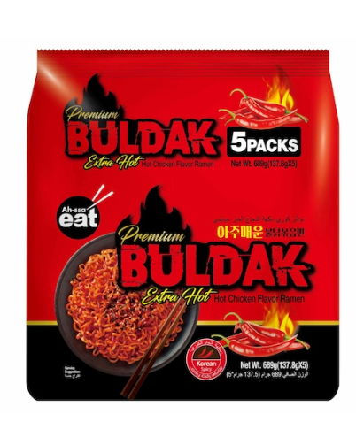Ah-saa eat Premium Buldak Hot Chicken Flavour Ramen Extra Hot 137.8g Pack of 5