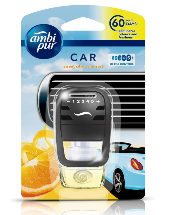 Ambi Pur Car Air Freshener Starter Kit, Sweet Citrus and Zest, 7.5 ml