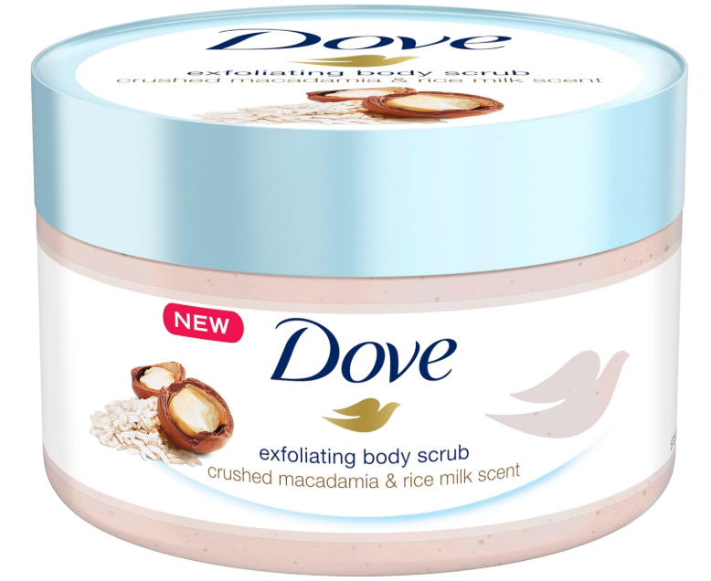 Dove Exfoliating Body Polish Scrub,Macadamia & Rice Milk,with ¼ moisturising cream, 225ml