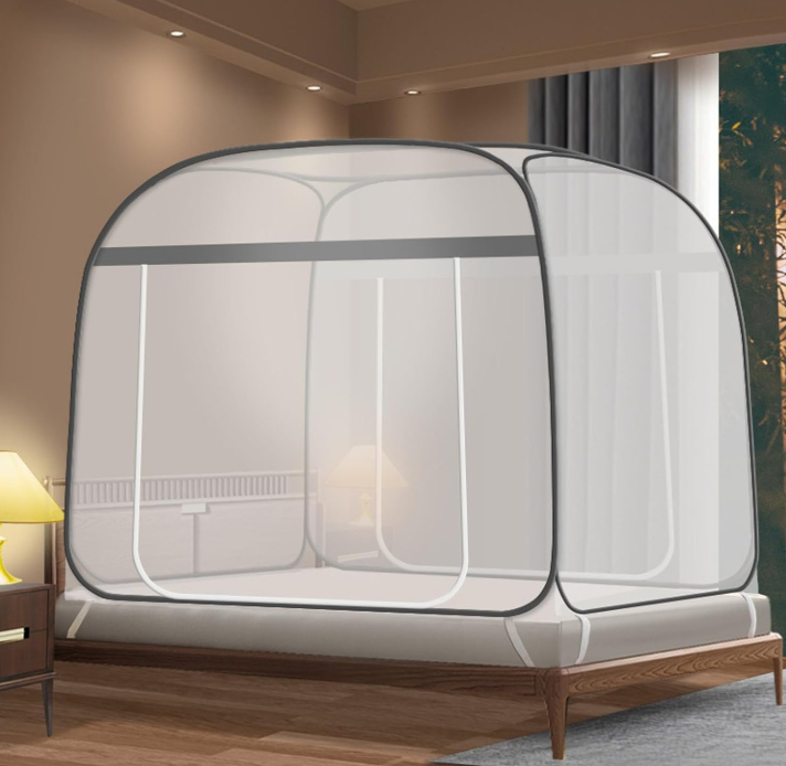 VAODO Pop-Up Mosquito Net, 180cm*200cm Portable Mosquito Netting, with Bottom Mesh Tent, Folding Bed Tent with Double Entry, for Baby Adults, Gray