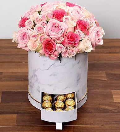 Stylish Box Of Pink Roses and Chocolates