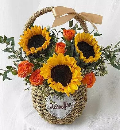 Sunflower N Spray Rose Cane Basket