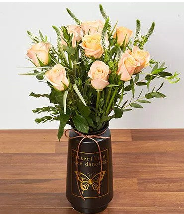 Vase Arrangement Of Roses And Veronica