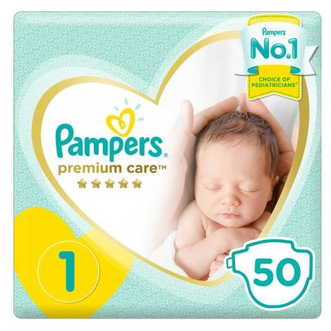 Pampers Premium Care Diapers Size 1 Newborn 2-5 kg Mid Pack 50 Count