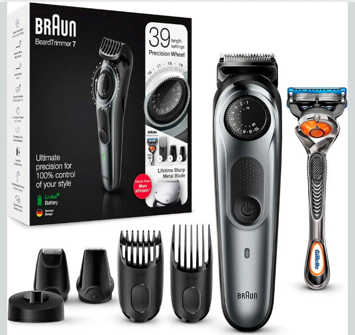 Barun Beard Timmer 7 with 39 Length Settings Precision Wheel Cordless & Rechargeable With Gillette Proglide Razor, Black/Silver Metal, BT7240