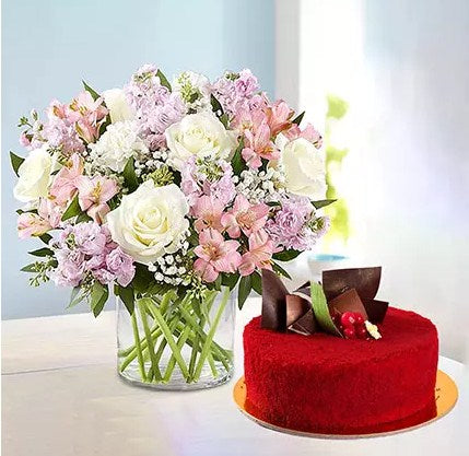 1 Kg Red Velvet Cake With Pink Floral Arrangement