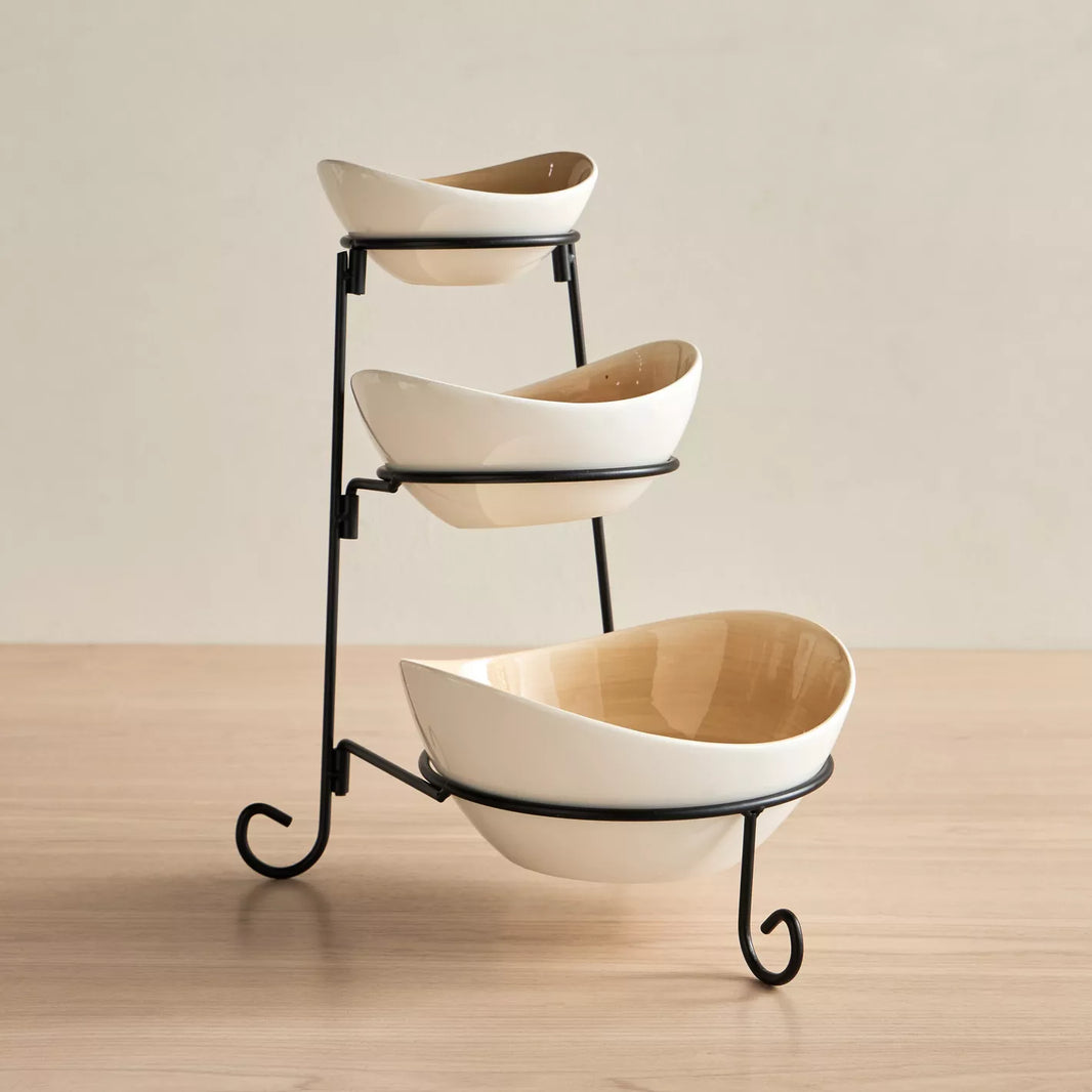 Tamara 3-Piece Porcelain Serving Bowl Set with Metal Stand