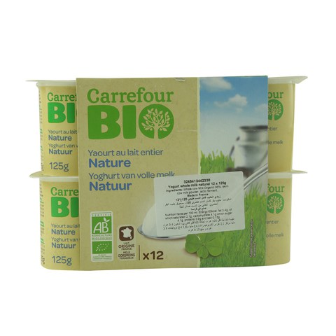 Carrefour Bio Whole Milk Natural yogurt 125g x Pack of 12