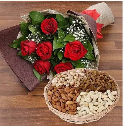 6 Red Roses Bouquet With Dry Fruits