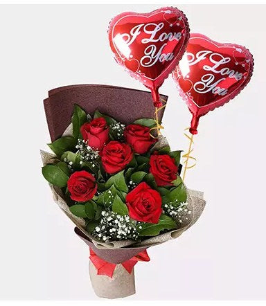 6 Red Roses Bouquet With I Love You Balloons