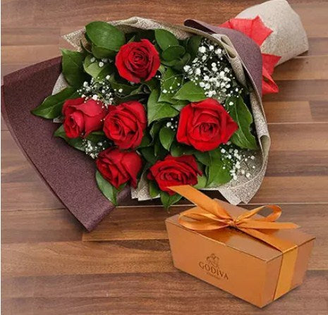 6 Red Roses and Godiva Chocolate Combo