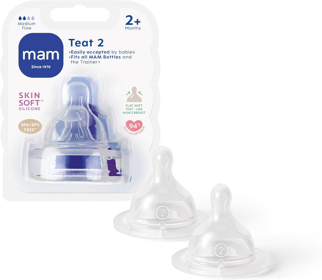 MAM Baby Teat Size 2 Medium Flow Silicone Bottle Nipples for Infants 2 Months and Older, Symmetrical SkinSoft Replacement Teat for Wide Neck Feeding Bottles, Clear, Pack of 2