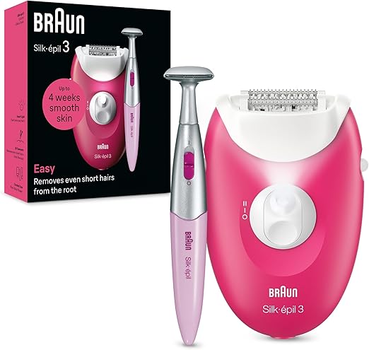 Braun Silk-épil 3 SE 3-202 Epilator, Removes Even Short Hairs From The Root, 20 MicroGrip Tweezers, Non-Stop Corded Epilator, Smart Light, Bikini Styler Included, Hair Removal Device - Pink