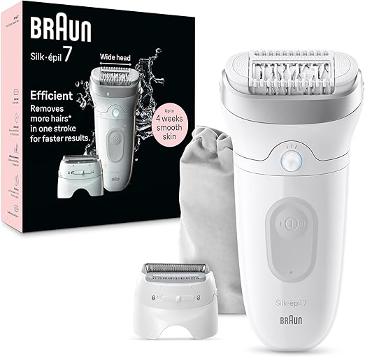 Braun Silk-épil 7 SE 7-041 Wet & Dry Epilator, Wide Head, Shaver & Trimmer Head, German Made, +4 Extras, Smart Light, 40 MicroGrip Tweezers, Rechargeable Hair Removal Device - White