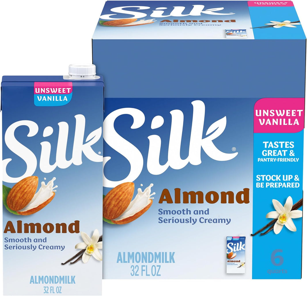 Silk Shelf-Stable Almond Milk, Unsweetened Vanilla, Dairy-Free, Vegan, Non-GMO Project Verified, 1 Quart (Pack of 6)
