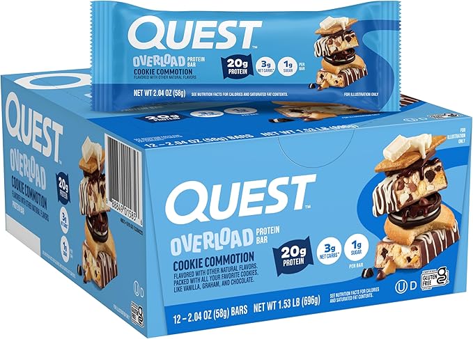 Quest Nutrition Overload Protein Bars, Cookie Commotion, 20g Protein, 1g Sugar, 3g Net Carbs, Gluten Free, 12 Count