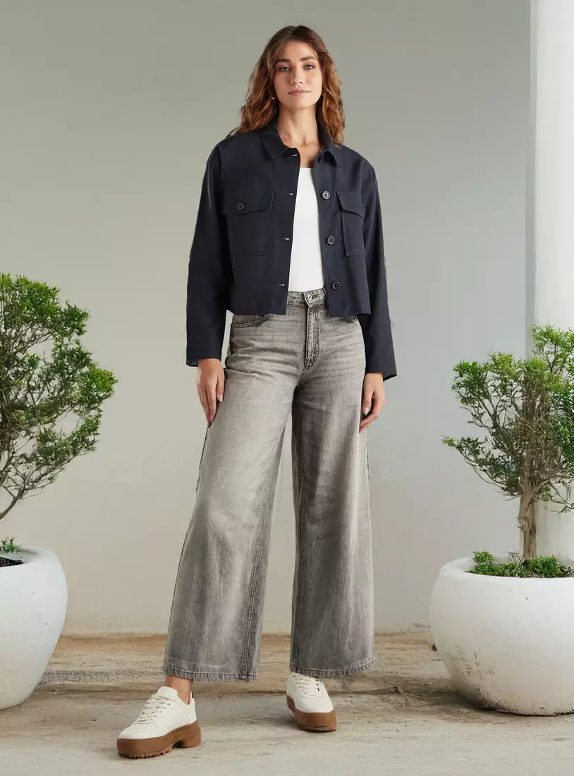 Plain Linen Blend Crop Jacket