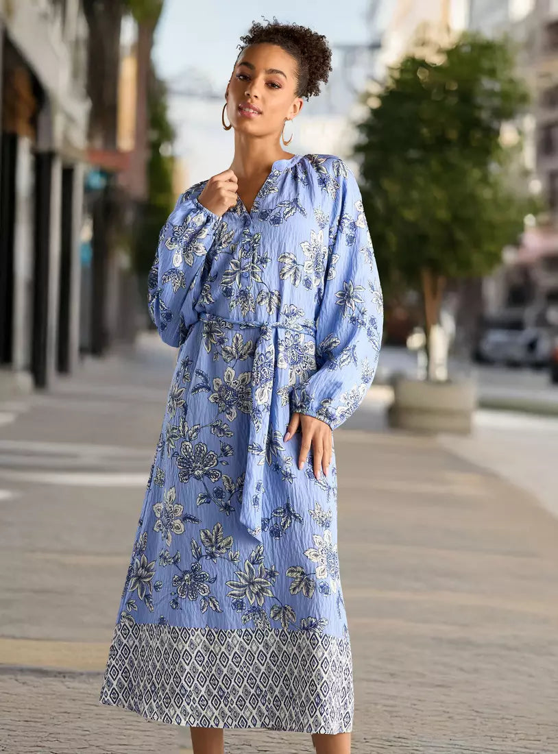 Floral Print Mandarin Collar Linen Dress