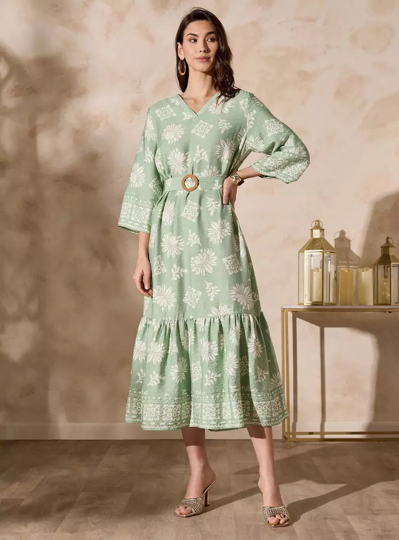 Printed V-neck Dress with 3/4 Sleeves