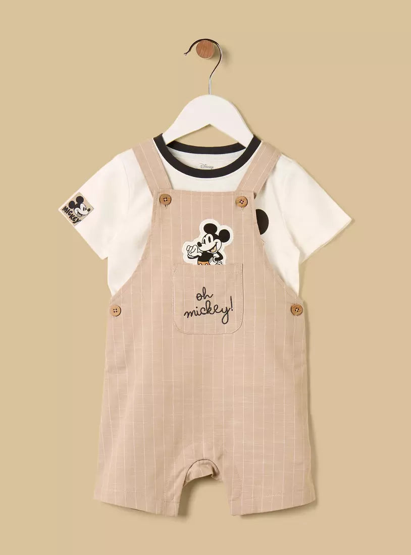 Mickey Mouse Print Cotton Dungaree and T-shirt Set