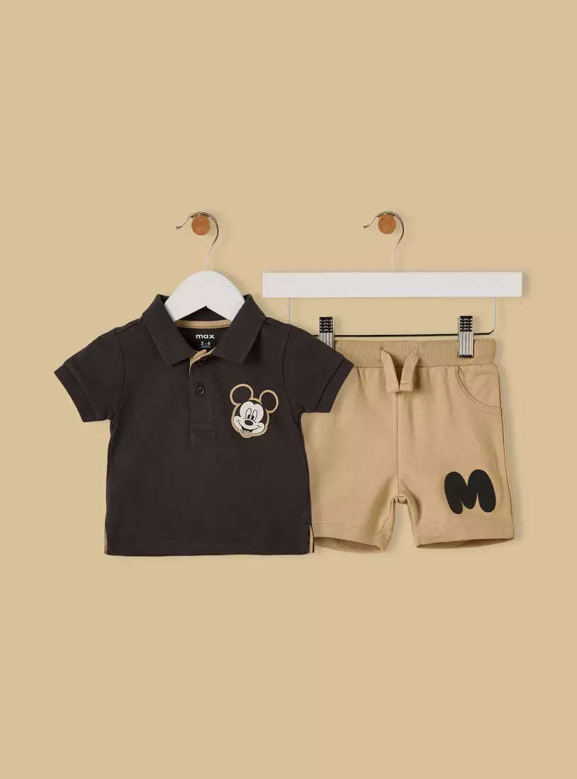 Mickey Mouse Print Polo T-shirt and Shorts Set