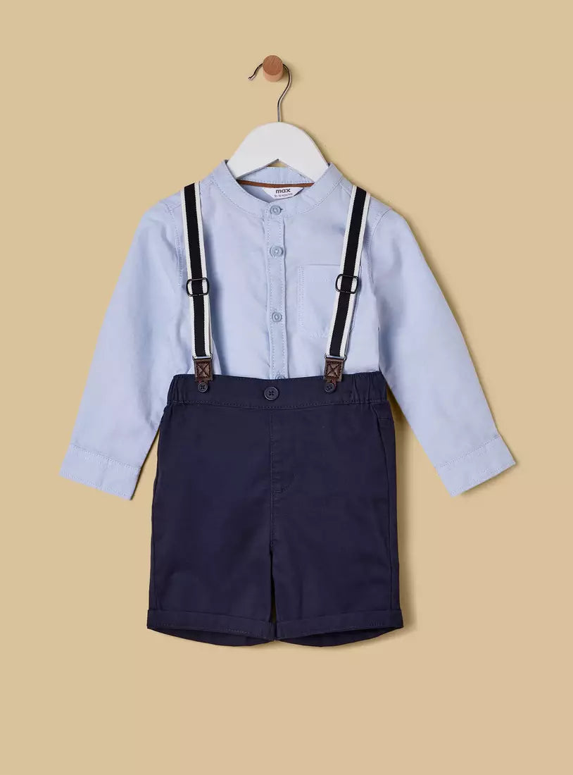 Mandarin Collar Shirt with Shorts and Suspenders