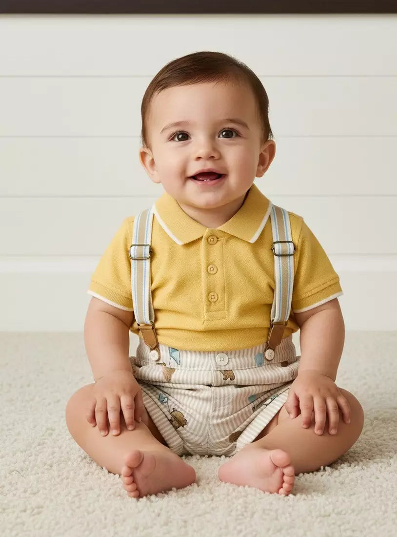 Textured Pique Polo T-shirt with Shorts and Suspenders