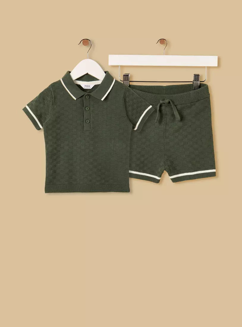 Textured Cotton Polo T-shirt and Shorts Set