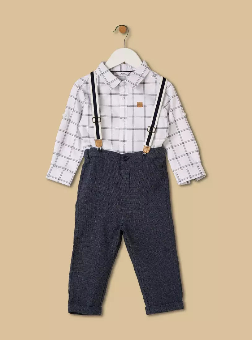Checked Cotton Shirt and Trousers Set with Suspender