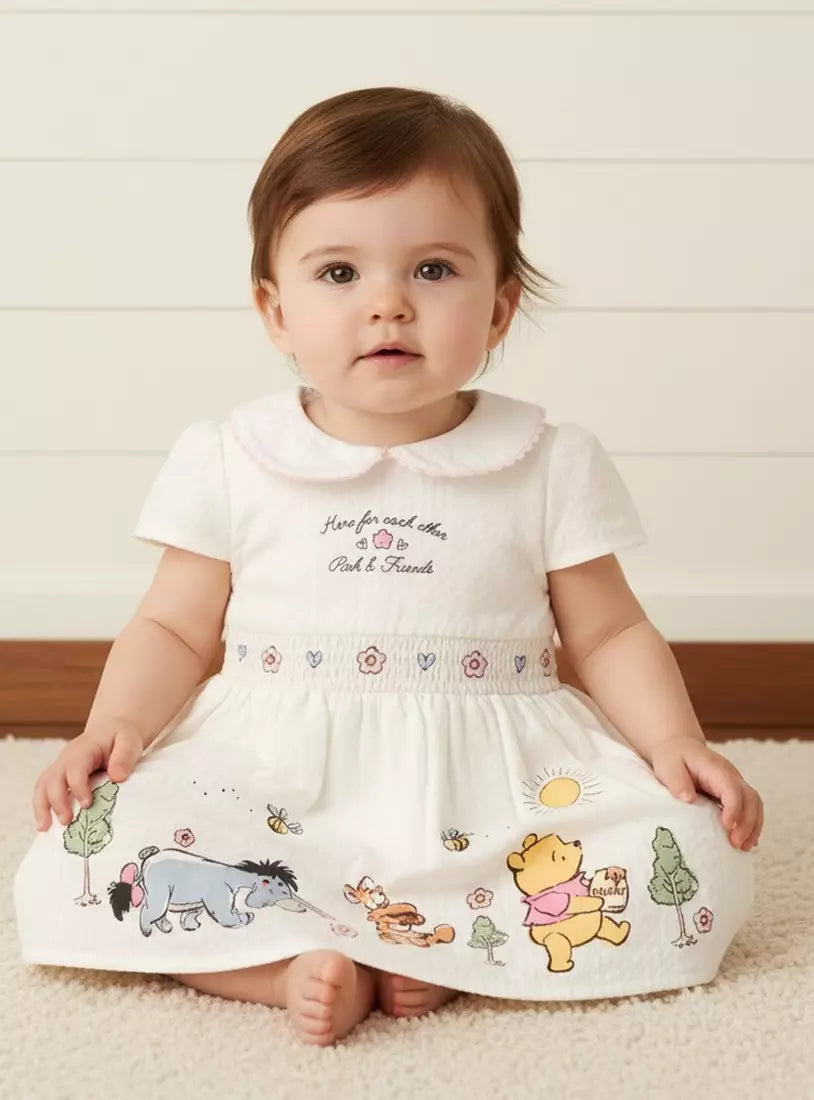 Winnie The Pooh Print Seersucker Dress with Peter Pan Collar