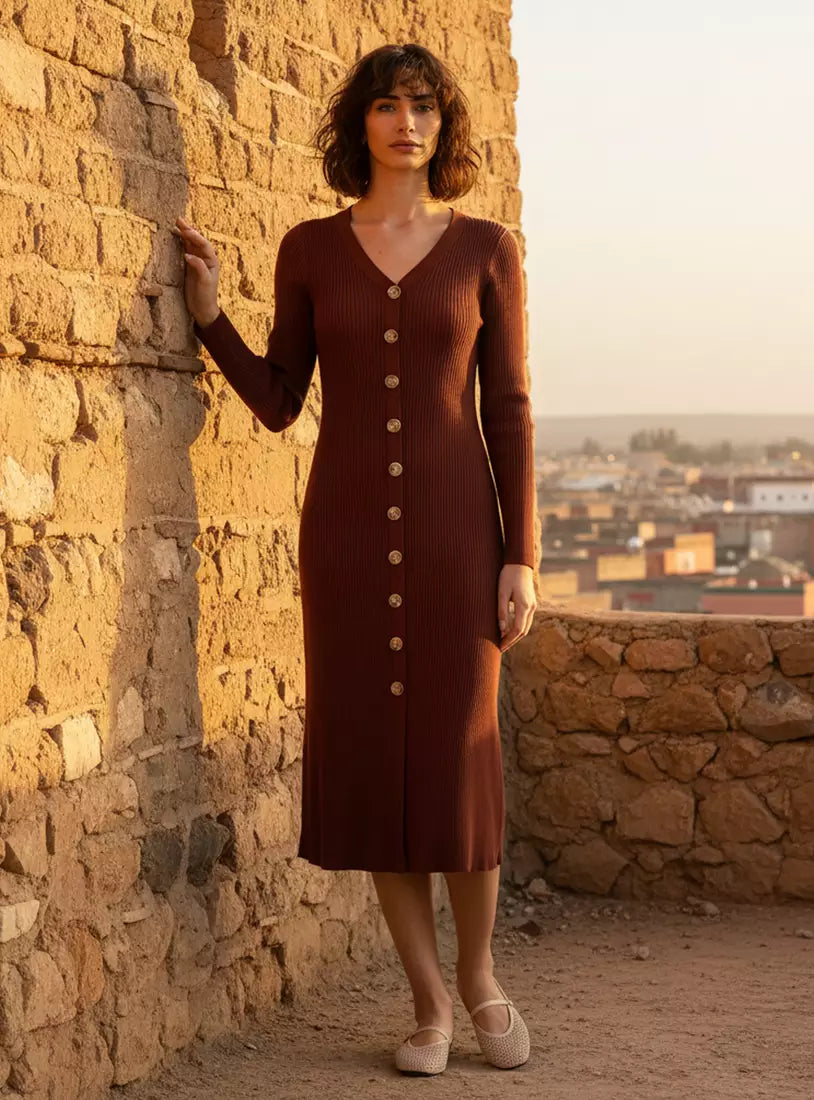 Ribbed V-neck Dress