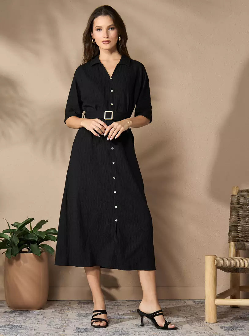 Textured Belted Shirt Dress