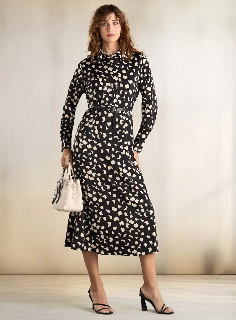 All-Over Print Satin Shirt Dress with Belt