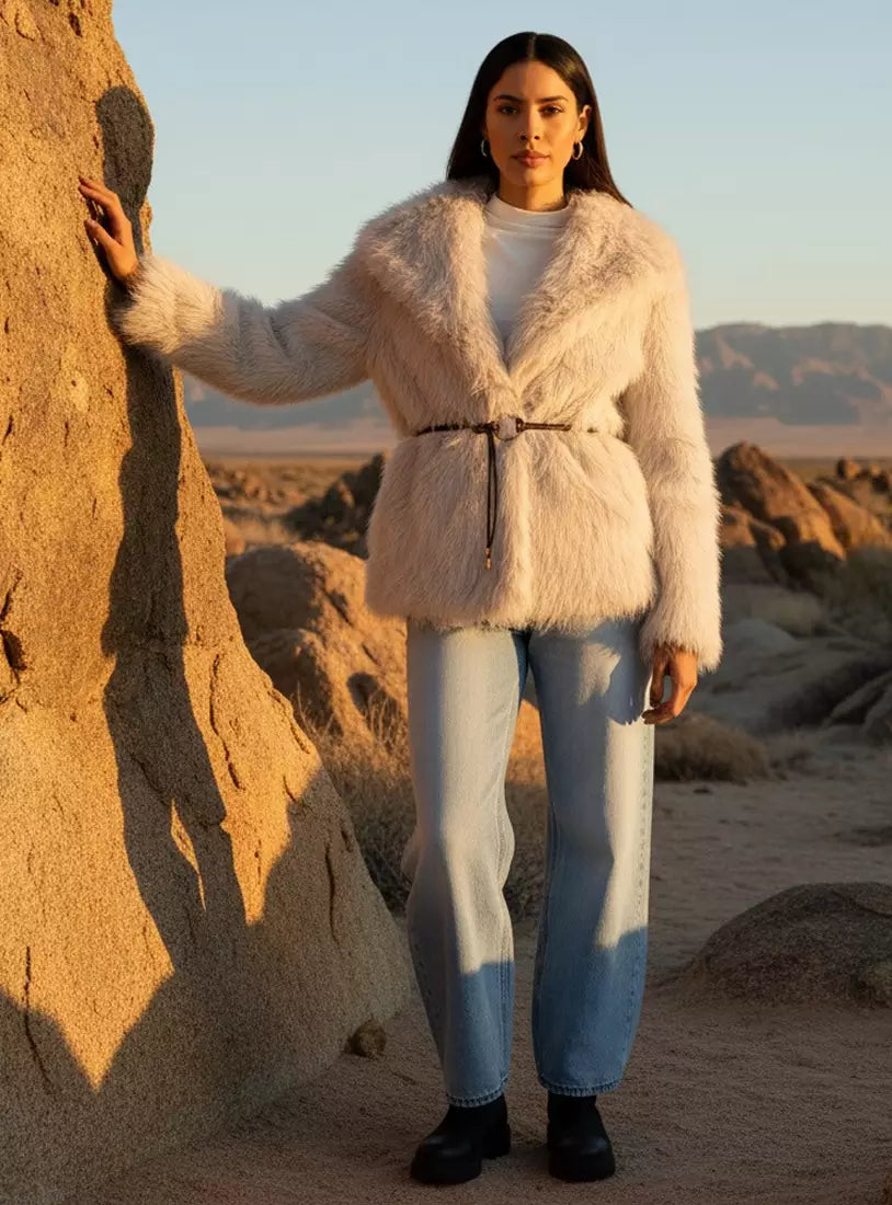 Faux Fur Textured Belted Jacket