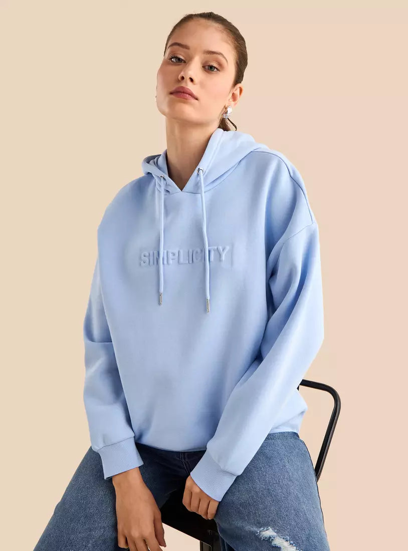 Slogan Embossed Hooded Sweatshirt
