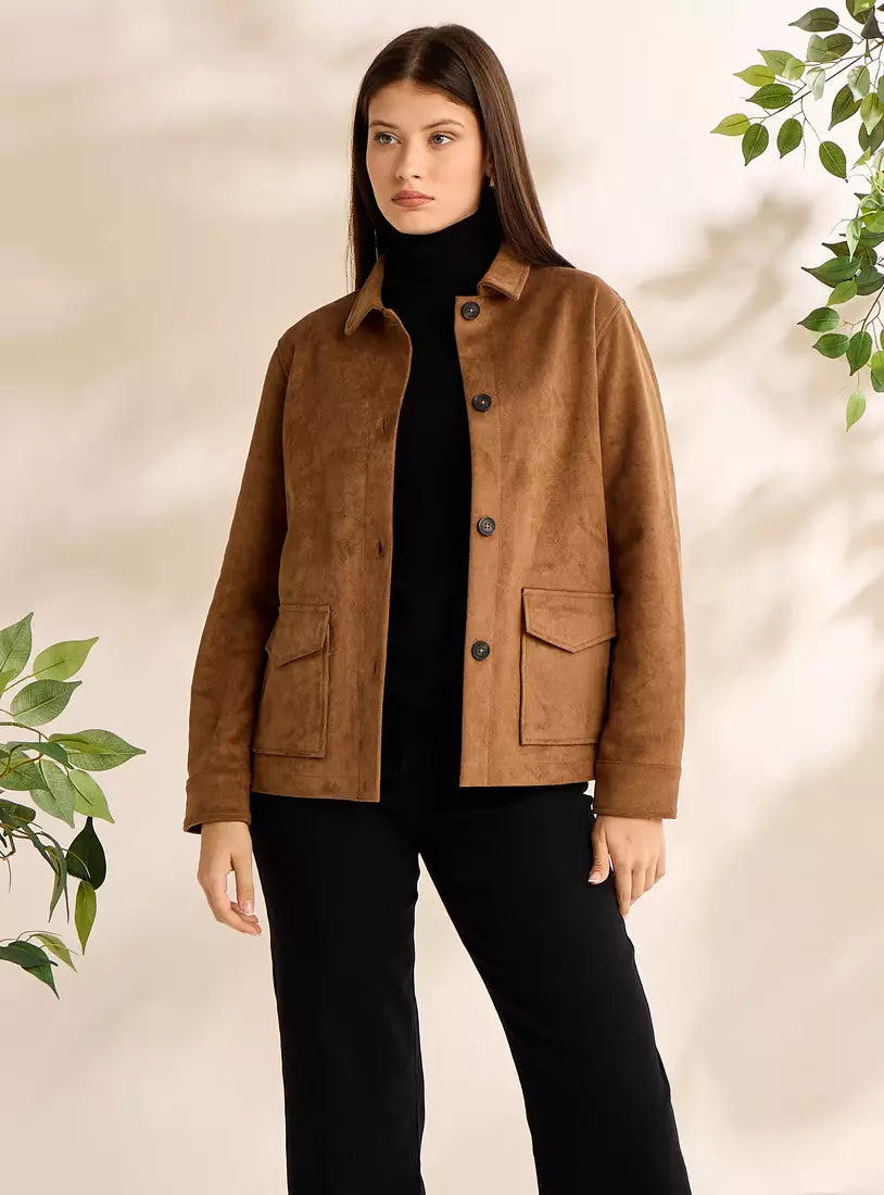 Plain Button Through Suede Jacket