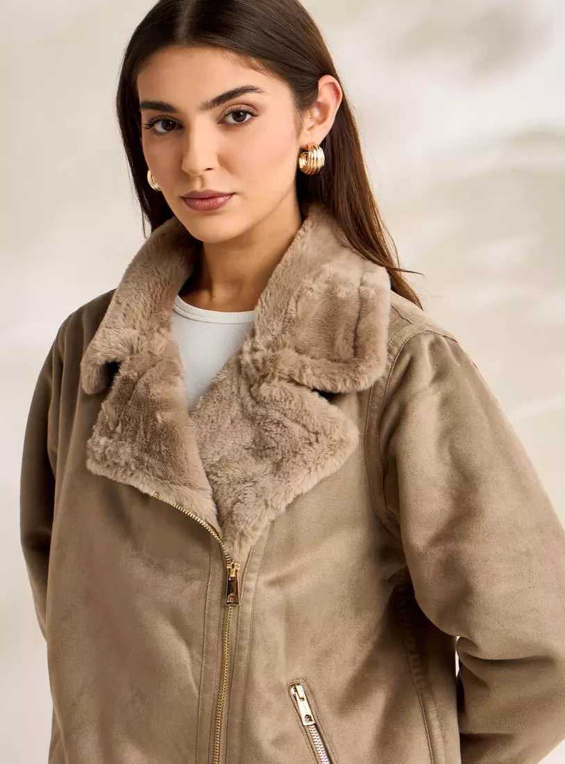 Suede Biker Jacket with Fur