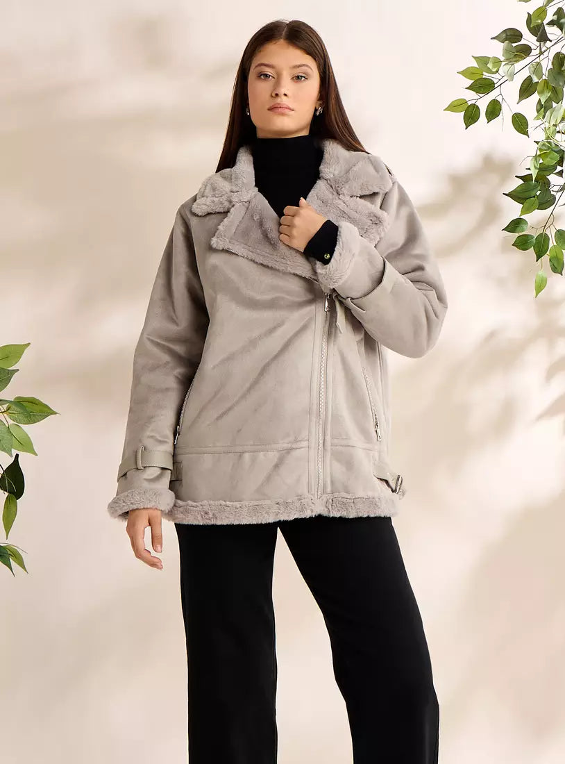Suede Biker Jacket with Fur