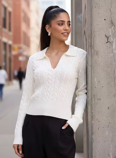 Cable Knit Textured Collared Sweater