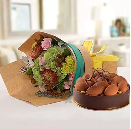 Delightful Flower Bouquet With Tiramisu Cake