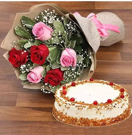 Delightful Roses Bouquet With Butterscotch Cake