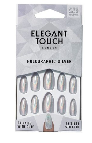 Elegant Touch 12 Size False Artificial Nails - Holographic Silver, 24 Piece