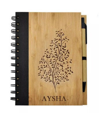 Engraved Text Bamboo Notebook With Pen